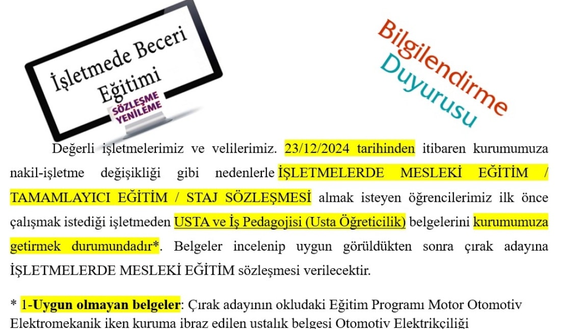 İŞLETMELERDE MESLEKİ EĞİTİM / TAMAMLAYICI EĞİTİM / STAJ SÖZLEŞMESİ  HAKKINDA BİLGİLENDİRME